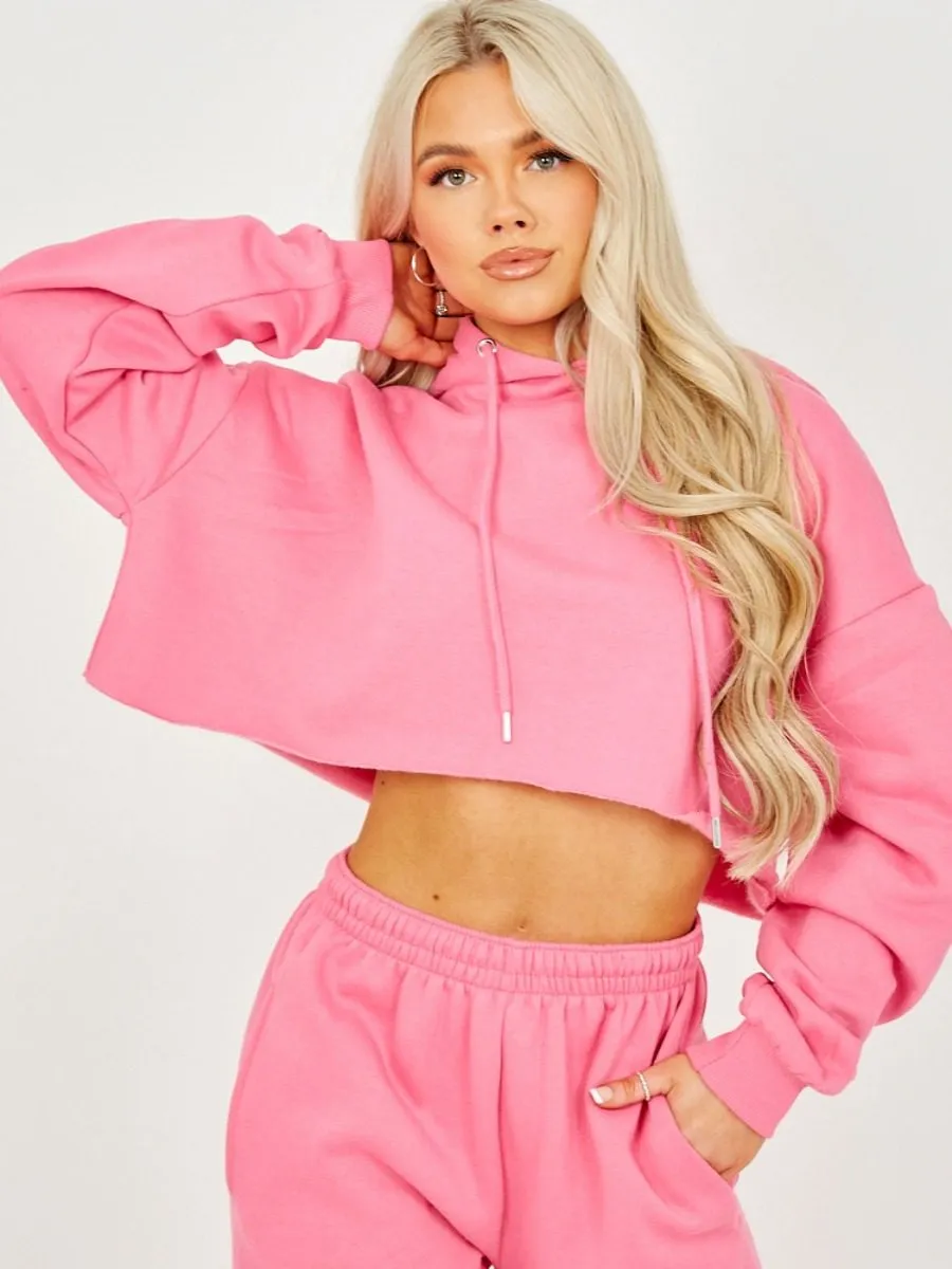 Abbi Raw Hem Cropped Hoodie & Jogger Fleece Co-ord In Fuchsia