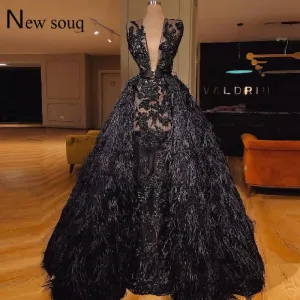 Black Feather Couture Two Pieces Deep V Neck Evening Dress
