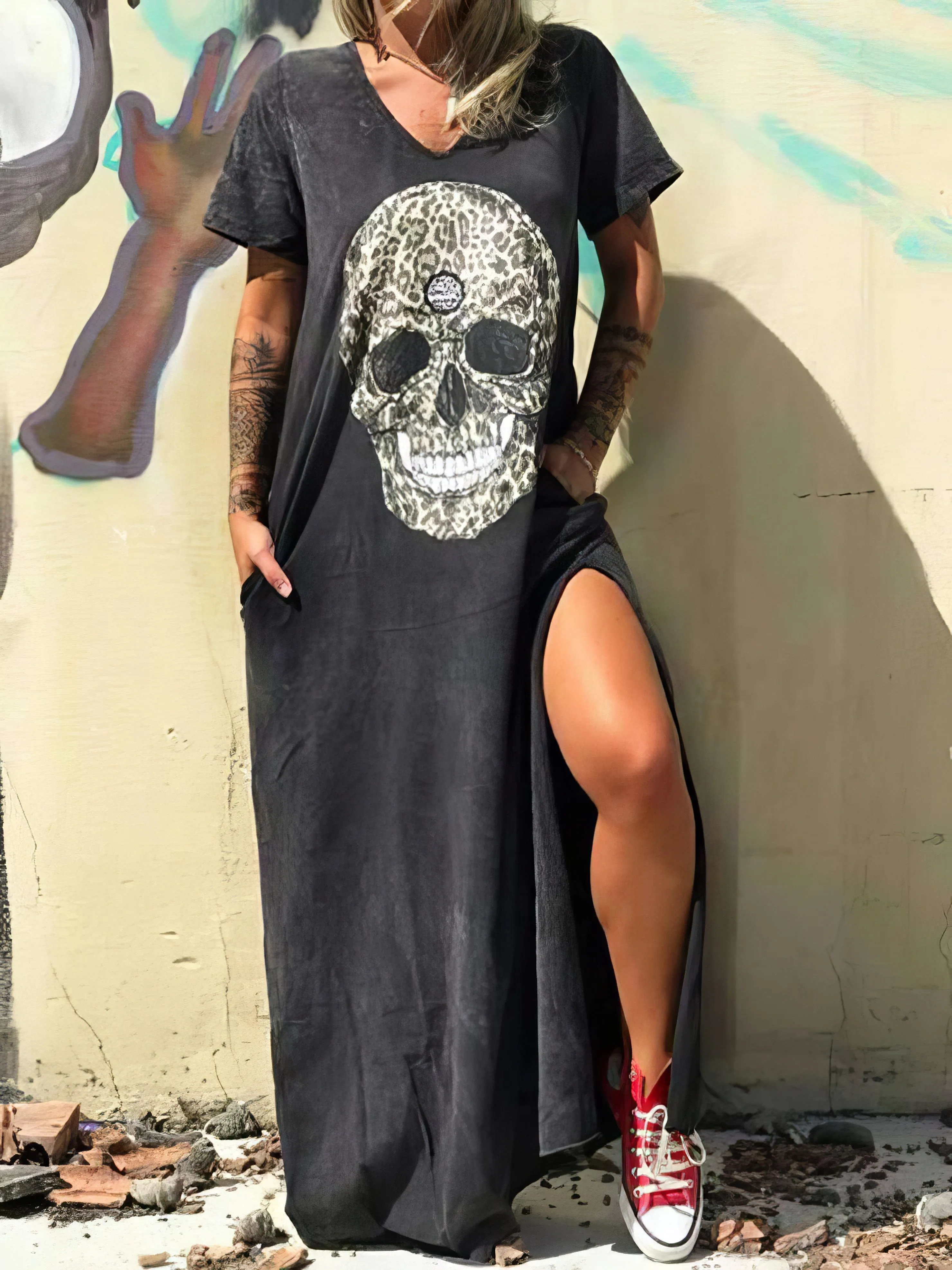 Black V-Neck Side-Slit T-Shirt Dress