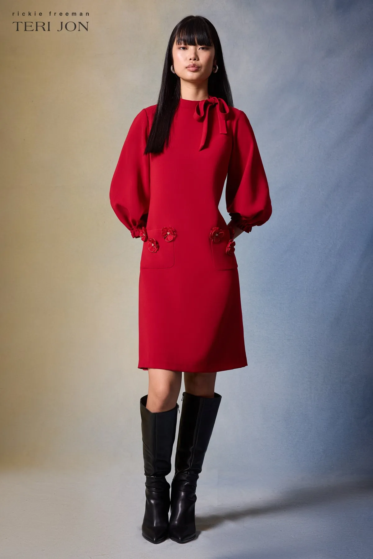 Crepe Tie Neck Flower Applique Trim Dress