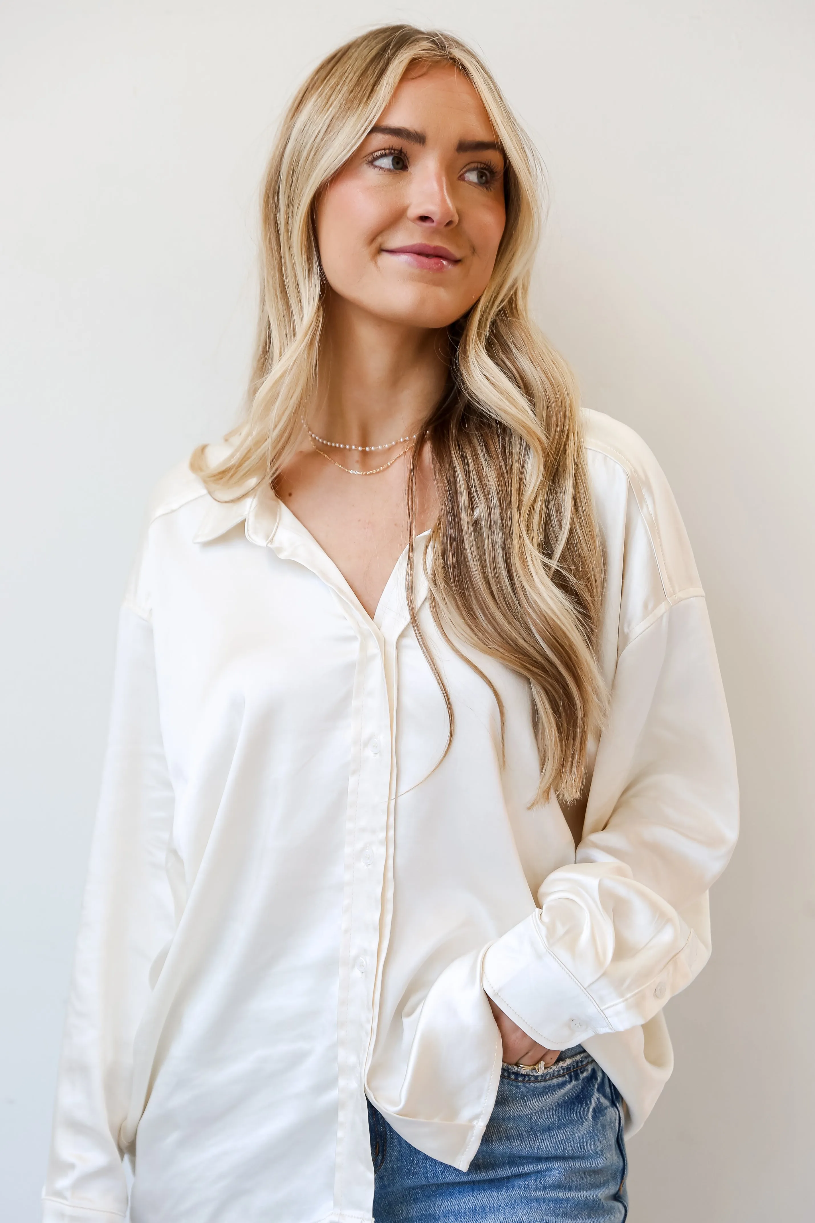 FINAL SALE - Consistently Confident Ivory Satin Oversized Button-Up Blouse