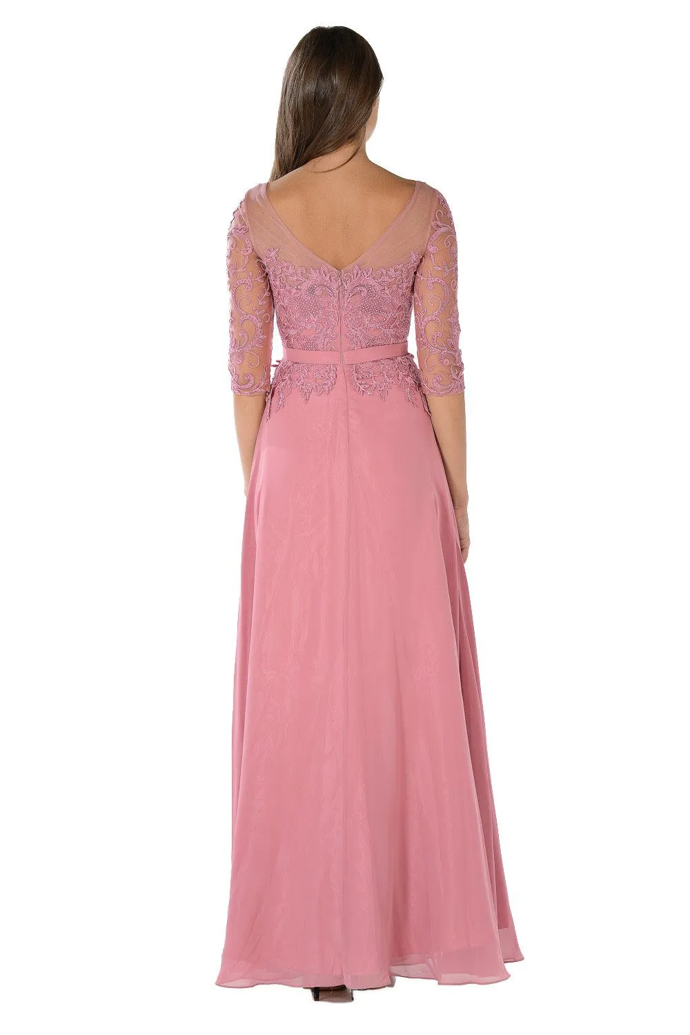 Long Chiffon Dress with Sheer Lace Sleeves by Poly USA 7598