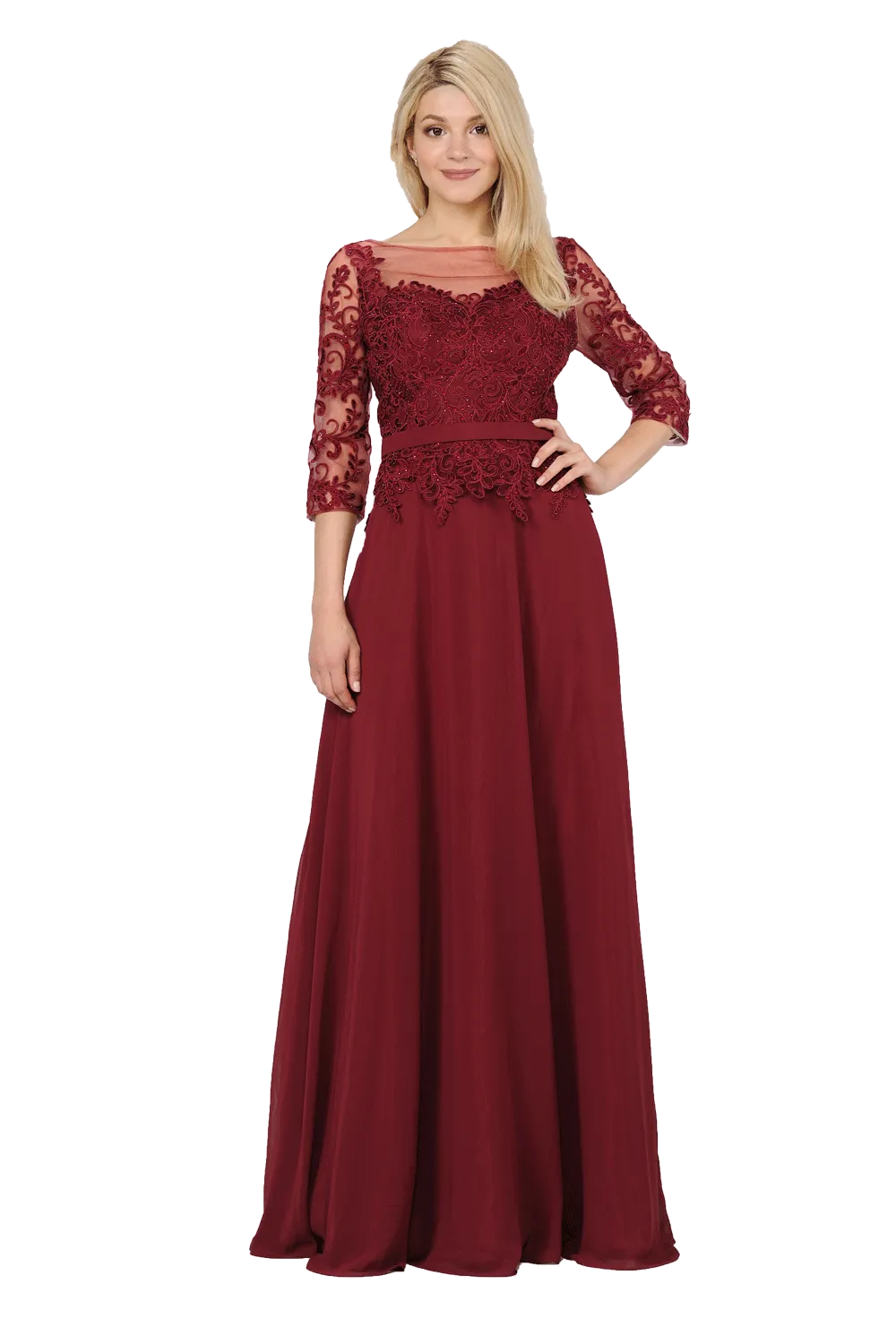 Long Chiffon Dress with Sheer Lace Sleeves by Poly USA 7598