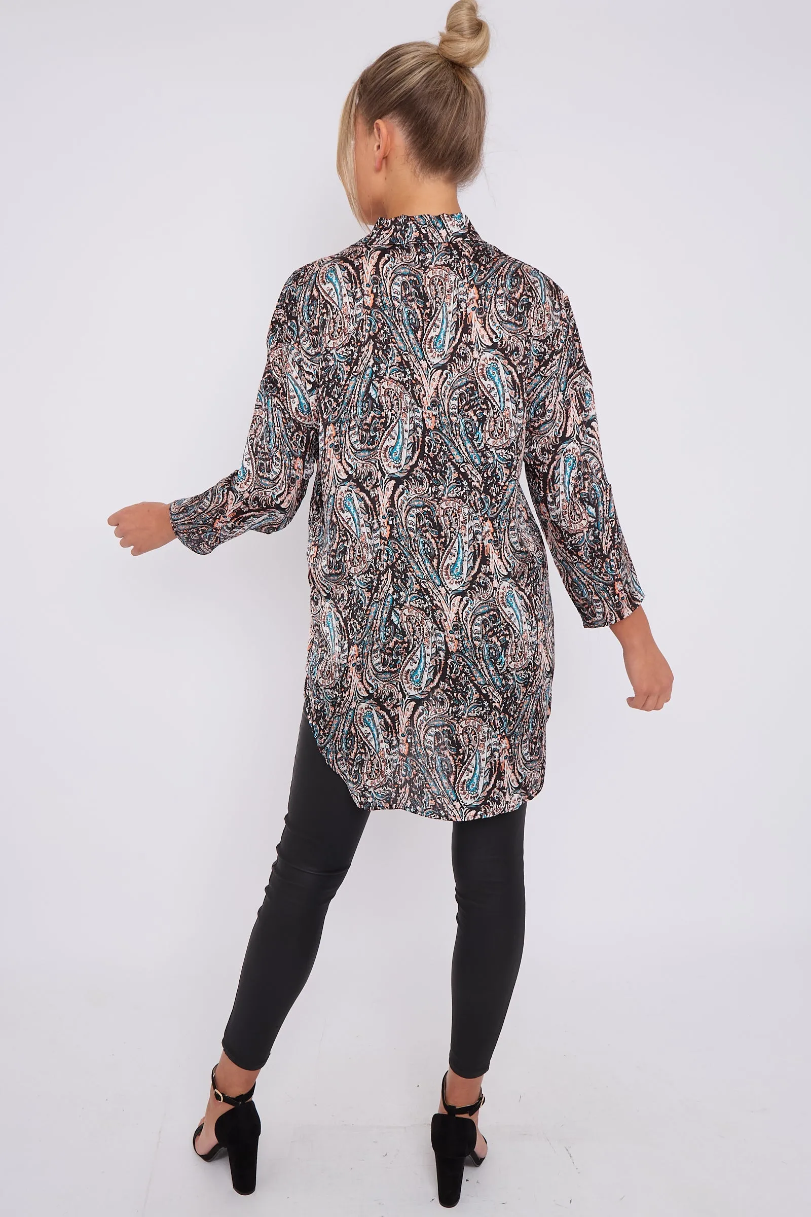 LOVE SUNSHINE Black Paisley Print Layer Satin Oversized Shirt