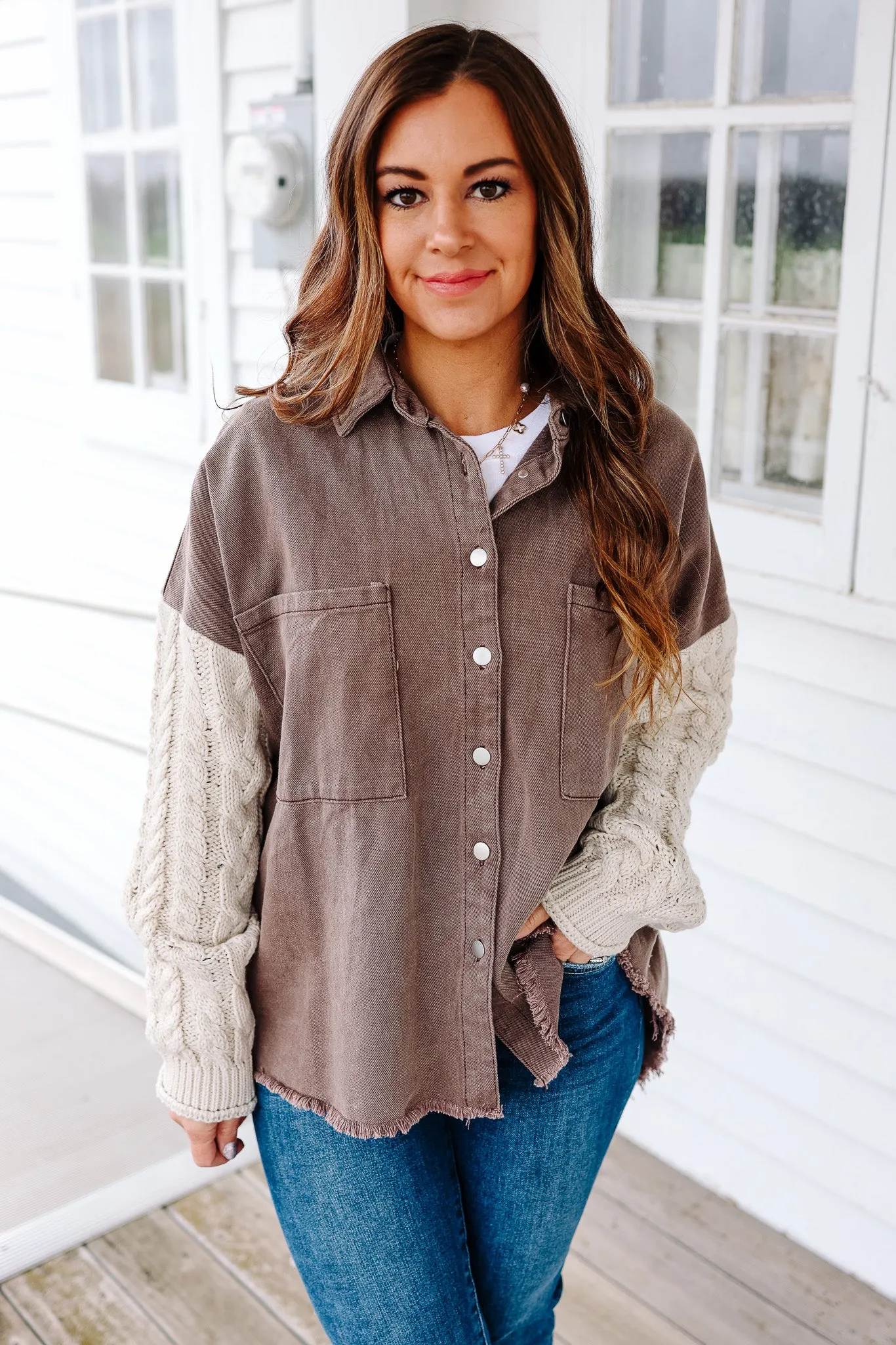 Maya Sweater Sleeve Shacket - Choco/Almond