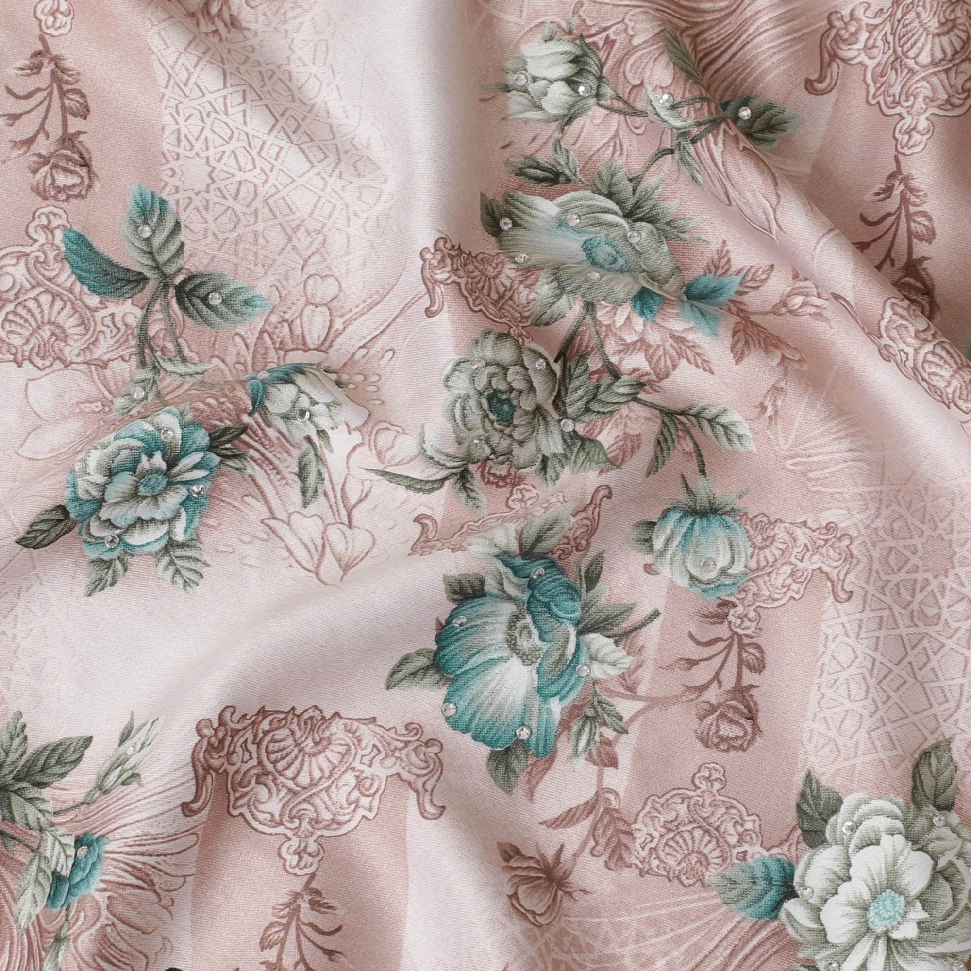 Off white synthetic crepe fabric with pale brown and turquoise green print having stone work in floral design-D15305