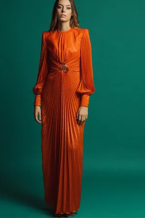 Pleated Long-Sleeved Flared Dress with Brooch